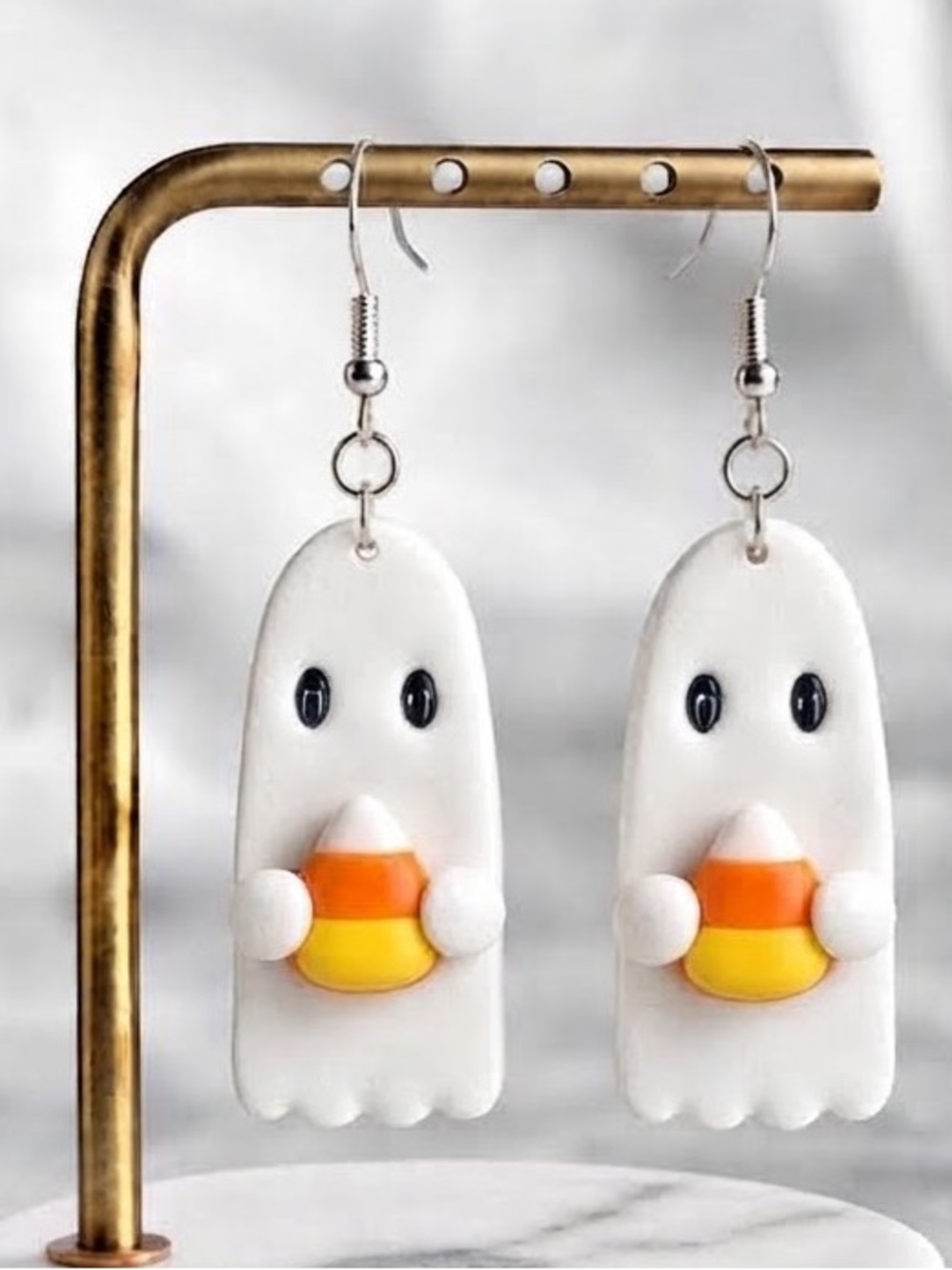 Spooky Ghostie holding Candy Corn — Halloween — Handmade Earrings — White